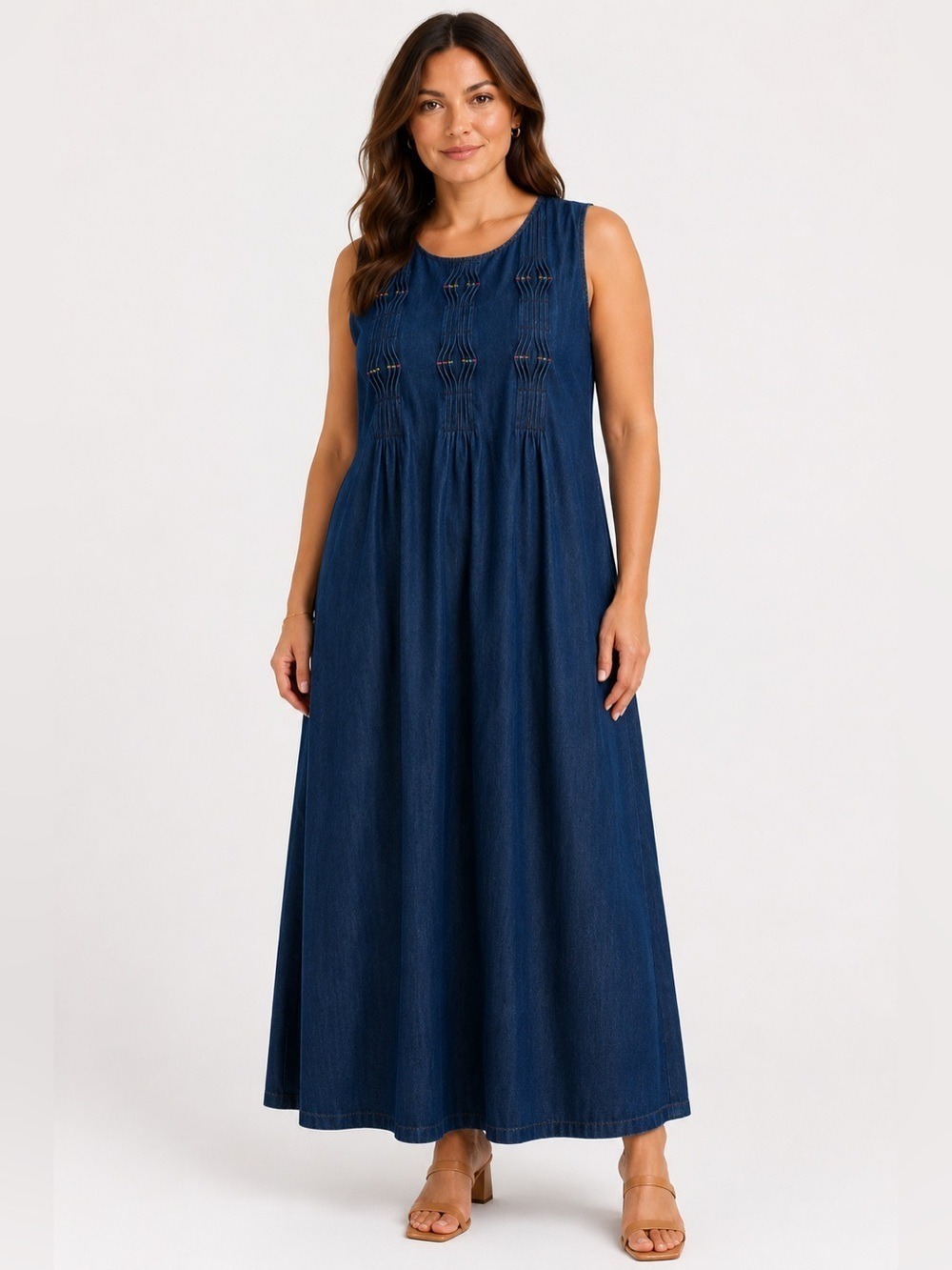 Vintage Denim Maxi Dress 100% Cotton Pintuck Embroidered Boho Cottagecore 14 - Picture 1 of 13